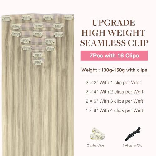 Image of GOO GOO Clip in Hair Extensions Real Human Hair, Remy Human Hair Extensions Clip ins for Women, Natural Human Hair, 24inch 160g 7Pcs, 17A /60A Ash Blonde Highlighted Platinum Blonde