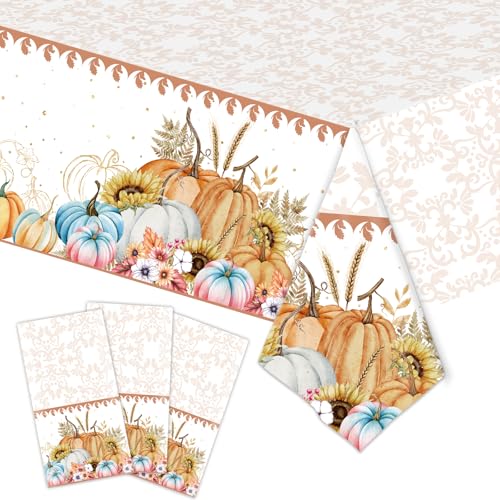 Image of 3-Pack 54 x 108 Inch Pastel Pumpkin Thanksgiving Plastic Tablecloth - Elegant Fall Table Cover with Watercolor Pumpkins and Floral Accents for Autumn Dinner, Harvest Parties, and Friendsgiving Decor