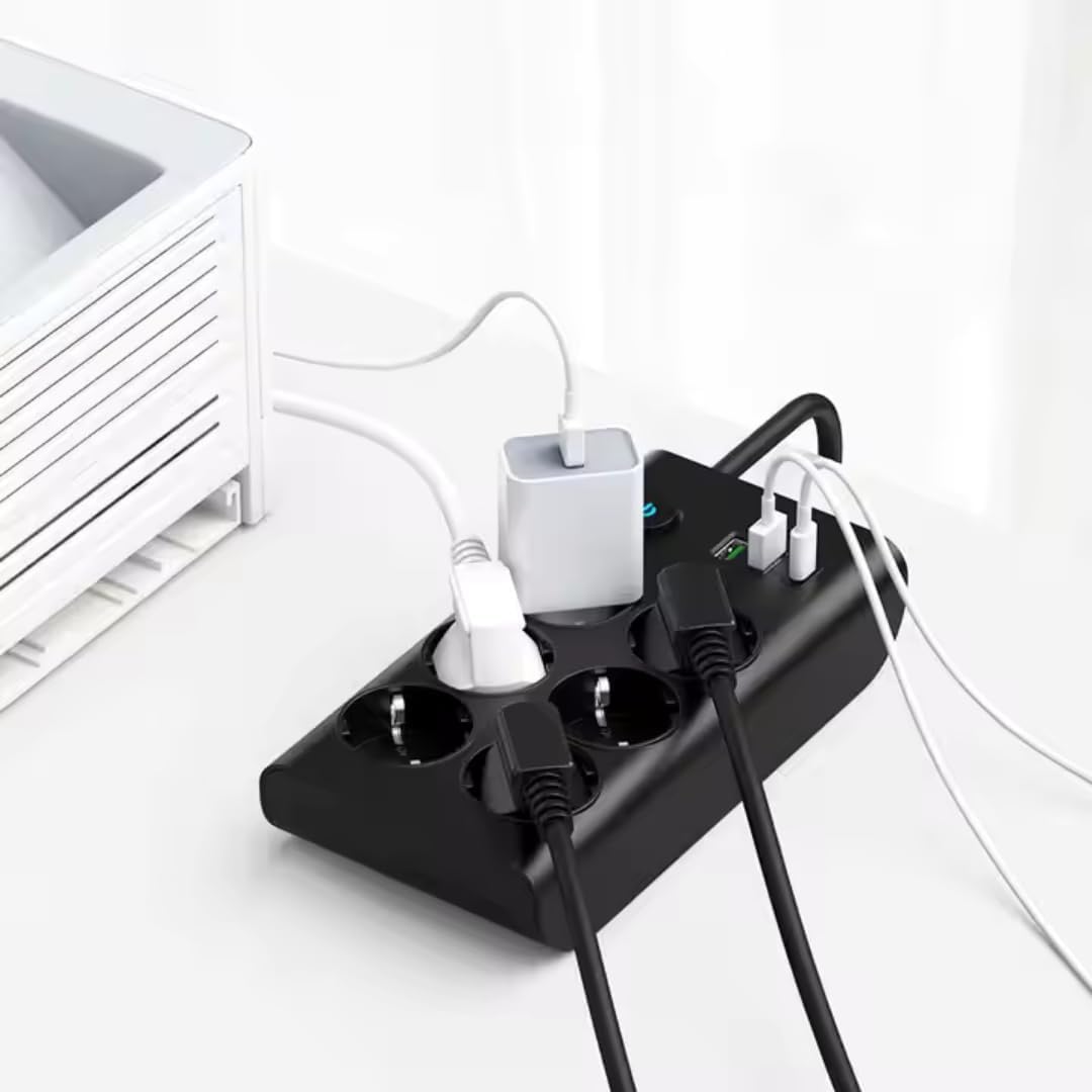 2500W Termal Koruma Çoklu Priz, 6 AC + 2 USB-A + 1 USB-C PD20W, Akıllı Akım Dengeleme, Çocuk Güvenlik Kapaklı, Isıya Dayanıklı Gövde, 2 Metre Kablo