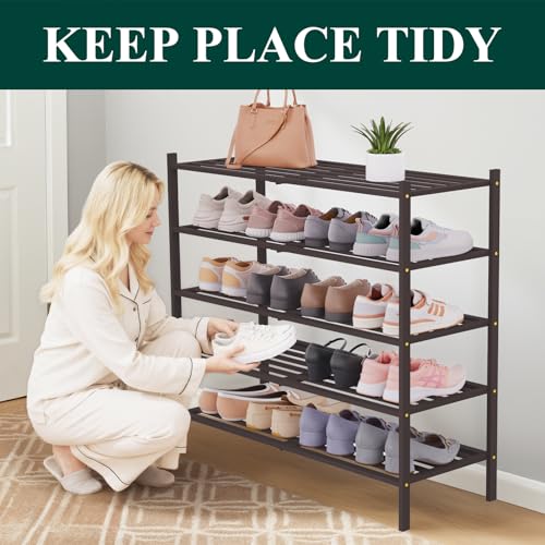 Image of Smiry Bamboo Shoe Rack, 5 Horizontal Slats, 5 Tier - 33.9 inch Wide, Brown
