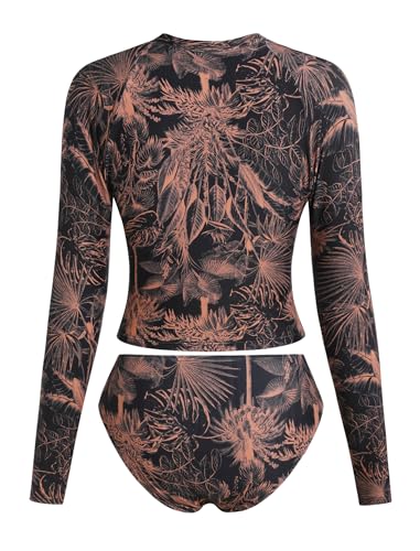 Image of ZAFUL Womens Rash Guard Swimsuits Long Sleeve Sun Protection Bathing Suit Tropical Swim Shirts with Briefs