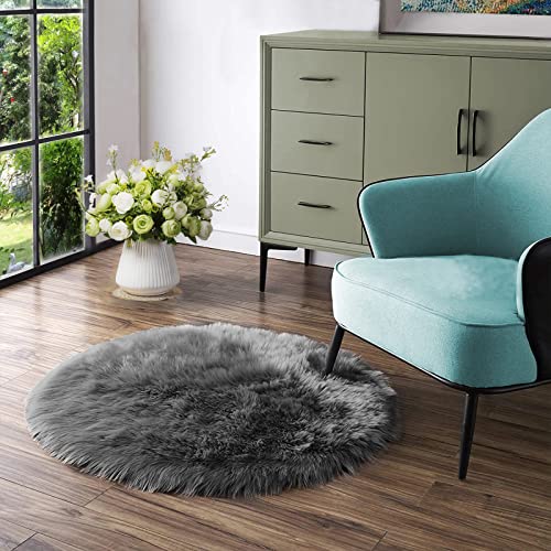 Latepis Dark Grey Round Rugs 5ft Faux Sheepskin Fur Rug for Bedroom Plush Fluffy Rug for Living Room Dorm Entertainment Room Luxury Home Decor