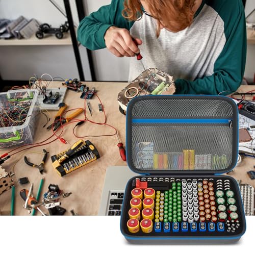 Batterie Aufbewahrungsbox Box, Batteriekasten Koffer mit Batterietester BT-168, Batterie Organizer Hält 161+ Batterien AA AAA C D Cell 9V 3V Lithium LR44 CR2 CR1632 CR2032 - Grau -Nur Fall
