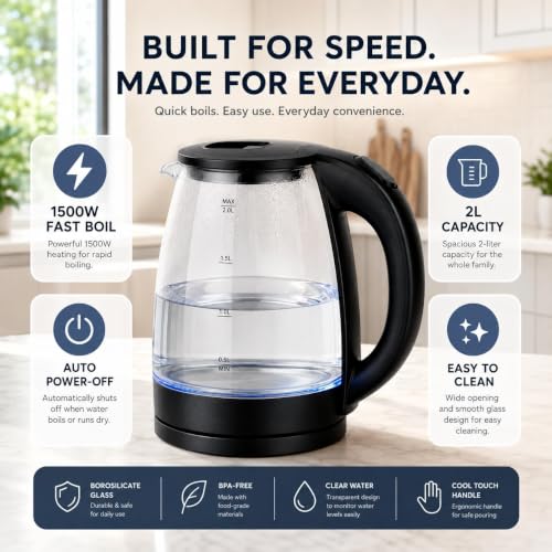 Image of 2 Litre Glass Electric Kettle with Automatic Shut-Off | Blue LED Indicator Light | 360 Swivel Base | Electric Water Boiler for Tea, Coffee & Hot Water,Best for Home,office and Gifting