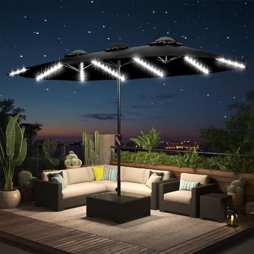 AECOJOY 15ft Patio Umbrella with Solar Lights Double Sided Large Patio Umbrella with Crank Handle and 156 PCS LED Lights Outdoor Rectangular Market Umbrella for Backyard Deck Pool in Black(1.9 Pole)