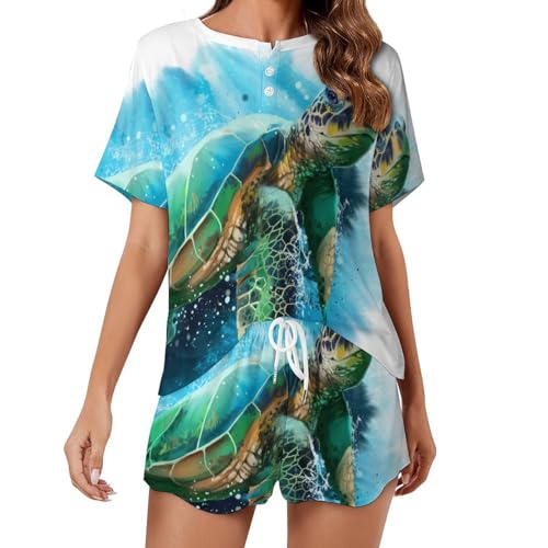Pyjama pour femme Tortue Verte : ensemble manches courtes et short pour l'été