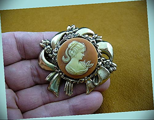 Ponytail Lady Orange safety Circle Cameo Jewelry Pendant Statement Pin
