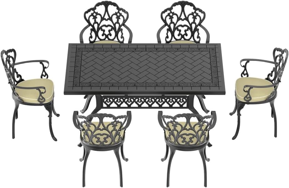Cast Aluminum Patio Furniture Set for Outdoor Living Spaces with Black Frames and Off-White Cushions