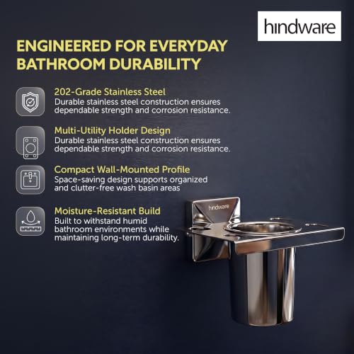 Image of Hindware Stelo Tooth Brush Holder for Bathroom | Superior Stainless Steel | Mirror Like Chrome Finish | Corrosion Resistant Toothbrush Holder | Dimension (mm): 125 * 112 * 99 | 1-Year Warranty