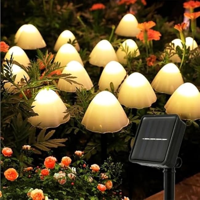 HULPPRE Mushroom Solar Lights-Set of 15pcs 29.5ft Fairy String Light,Warm White 8 Modes Outside Solar Pathway Lighting,Outdoor Decoration for Garden,Backyard,Lawn,Party,Christmas