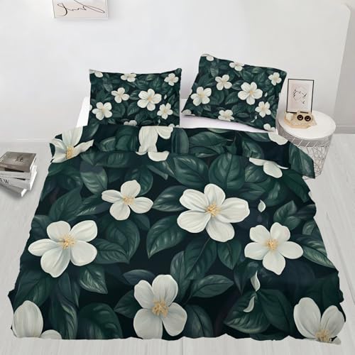 Juego de funda de edredón de jazmín blanco, tamaño King, juego de ropa de cama de hojas verdes para niños, adolescentes, parejas, adultos, decoración de habitación, funda de edredón retro con 2 fundas