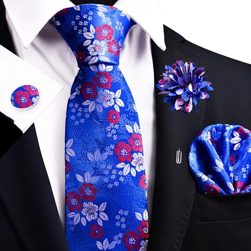 Image of GUSLESON 3.15 inch（8cm） Mens Floral Tie and Lapel Pin Necktie Hankerchief Cufflinks Set for Men