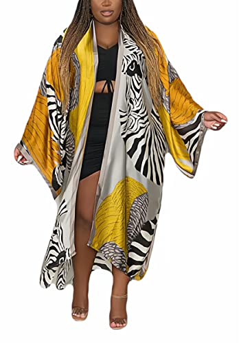 Image of Hostoyo Women Maxi Kimono Robe Cardigan Satin Plus Size Casual Outwear Open Front Beach Swimsuit Cover Ups Lightweight Robe Duster