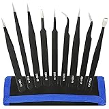 Kingsdun 9pcs Stainless steel Tweezer Set,Anti-static ESD Tweezers with Non Magnetic Tips for...