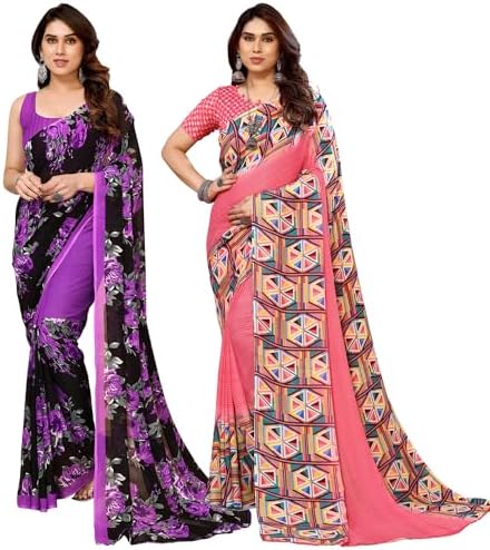 Printed Georgette Saree With Blouse Piece Combo Pack of 2 Combo (Combo_Md_1152_4_1515_1)_A14615