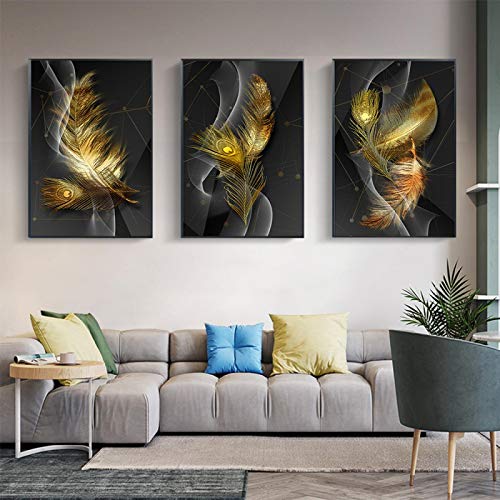 Affiches de plumes dorées pour salon moderne ensemble de 3 toiles KEBIA