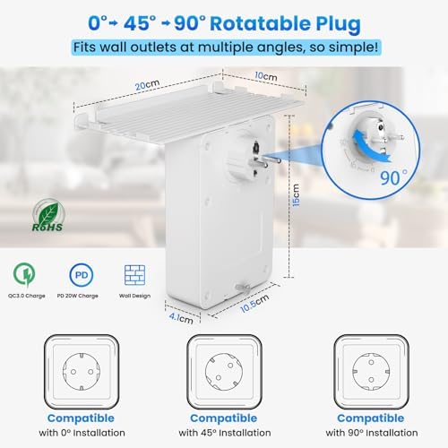 PD20W Gniazdo z Przełącznikiem, Listwa Zasilająca Ścienne z Szybkim ładowaniem PD3.0 i QC18W,Adapter do Gniazdka i 4 Gniazda Schuko z 6 USB Ładowarką,Wtyczka Wielopunktowa Gniazdko z Półką, Biały