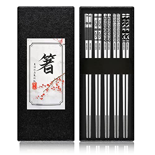 Chopsticks Metal Reusable Chop sticks Korean Metal Chopsticks with Engraving Pattern Chop Sticks Pack Stainless Steel Chopsticks 5 Pair/Set Easy Clean Chopstick (M219)