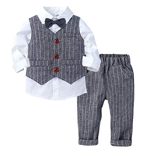 Boys' Toddler Gentleman Set Bowtie Bodysuit Shirt Vest with Pants Clothing Set Spring and Autumn Grey