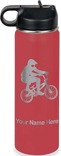 LaserGram Botella de agua de doble pared con tapa abatible de 20 onzas con pajita, conductor BMX, grabado personalizado incluido (granate)