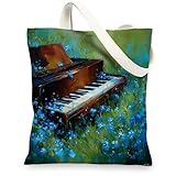 Bolsa de lona con diseño de piano, bolsas de comestibles reutilizables florales, bolsas ligeras con correa para el hombro, color azul, 13 x 15 pulgadas