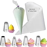 Großes Spritztüllen- und Beutel-Set, 5 große Zuckerguss-Spritztüllen mit 100 Einweg-Spritzbeuteln, 48,3 cm, extra dick, für Kuchendekoration, Cupcakes, Kekse, Desserts