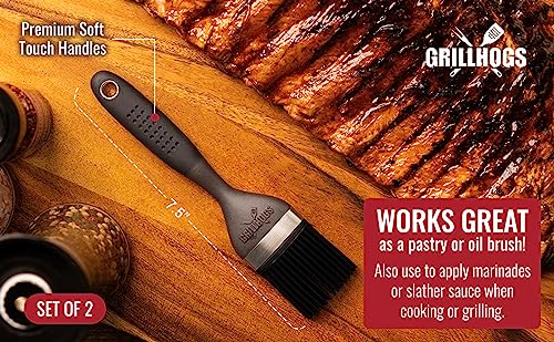 GRILLHOGS Silicone Sauce Basting Brush, Premium Soft Touch Handles, Pastry and Oil Brush & Barbecue Grilling, Dishwasher Safe & Heat Resistant, Set of 2 (7.5