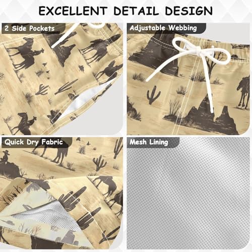 Pigsaly Boys Swim Trunks Cowboy Horses Western Wild West Brown Boys Board Shorts Swimsuit Swimwear Summer Bathing Suit 4T3