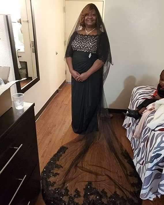 Miniatura 5 de QUIRAI Black Wedding Veil Comb Bridal Cathedral Veil 2 Tier Lace Veil Long Wedding Veil Hair Comb for Brides118 In