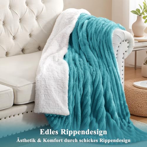 RUIKASI Sherpa Decke Warme Kuscheldecke Flauschige 130x150 cm Türkis – Ansicht 5