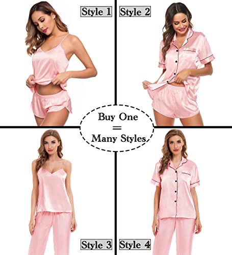 Image of SWOMOG Womens Silk Satin Pajamas Sets 4pcs Sleepwear Sexy Cami Shorts Set and Button Down Short Sleeve Pjs Loungewear Sakura Pink X-Small