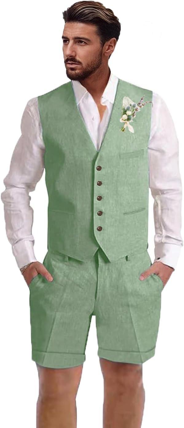 Mens Linen Suit 2 Piece Short Suits for Men Casual Summer Beach Wedding Suit Linen Vest Shorts Set