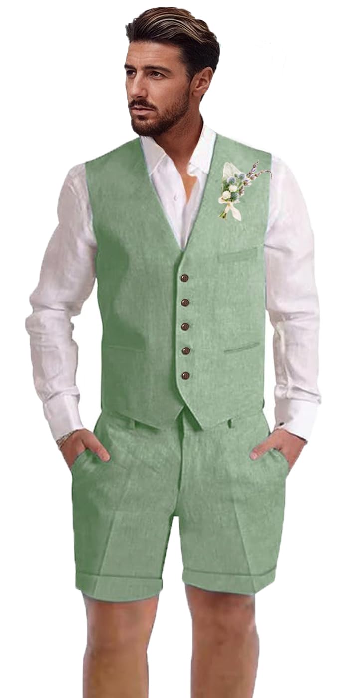 Photo 1 of Shorts Suits for Men 2 Piece Slim Fit Suit Mens Shorts Suit Set for Summer Beach Wedding Sage Green Linen Vest Shorts Set X-Large