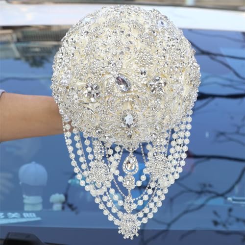 Image of MaxxCloud Luxury Gatsby-Inspired Vintage Wedding Golden Brooch Bouquets Handmade Sliver Bling Glam Wedding Bridal Bouquet (Ivory, 7.1'' /18cm)