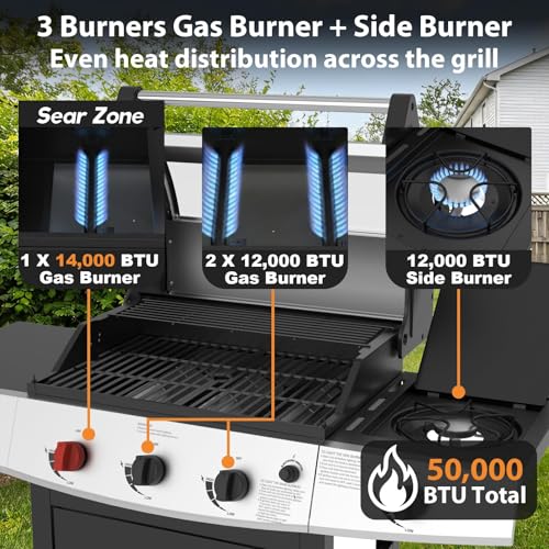 Image of 4 Burners Propane Gas Outdoor Grill 50000 BTU, 553 Sq.in, Side Burner, Porcelain-Enameled Grates, Stainless Steel Propane Grill Outdoor Cooking, Patio Garden Family Barbecues Party