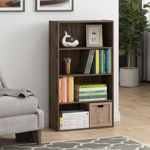 Image of Furinno PASIR Book Shelf, 4-Tier Bookshelf, Bookcase with Open Shelf, 9.4 x 23.6 x 41.7, for Living Room, Bedroom, Home Office, Columbia Walnut