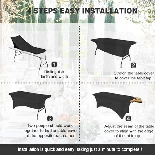 Image of FOLINS&HOME 2 Pack Black 8ft Fitted Spandex Water Resistant Tablecloth | Washable Elastic Rectangle Table Cover for 8 Foot Folding Tables, Stretch Table Cloth for Weddings, Banquets, Parties (2 Pcs)