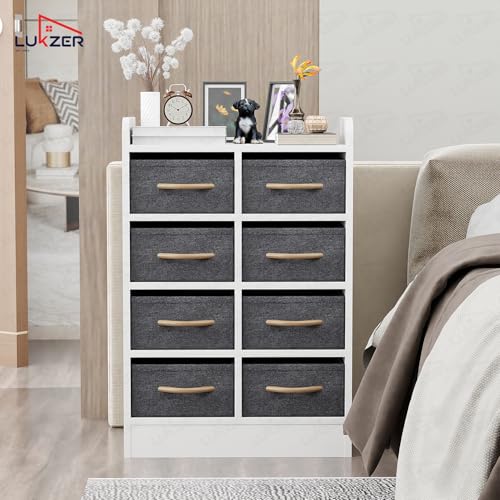 Image of Lukzer 8 Drawer Multipurpose Organizer with Fabric Storage Shelves - Engineered Wood & Fabric Storage Chest | Sturdy Wooden Frame | Elegant Dresser for Bedroom, Closet & Living Room (MR-028 /White)