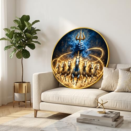Image of SAF Lord Shiva 7 Horse Round Wall Painting with Premium PVC Golden Frame, Trishul Blue Gold Religious Art, Hindu Vastu Home Decor for Living Room Prayer Room (12 x 12 Inch) GRS-437