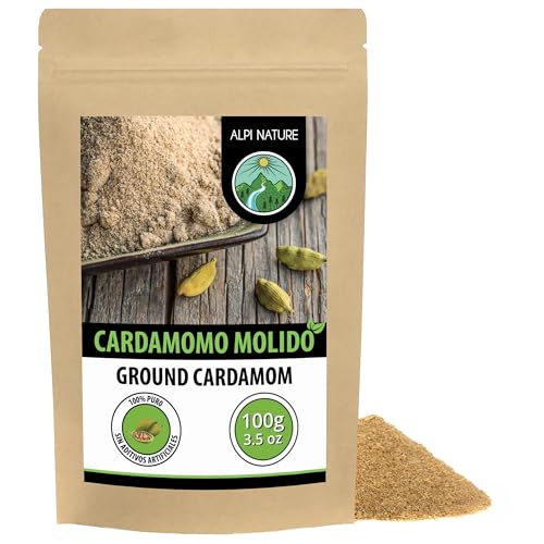 Alpi Nature Cardamomo Molido 100g, Vainas y Semillas de Cardamomo en Polvo para Cocinar y Hornear