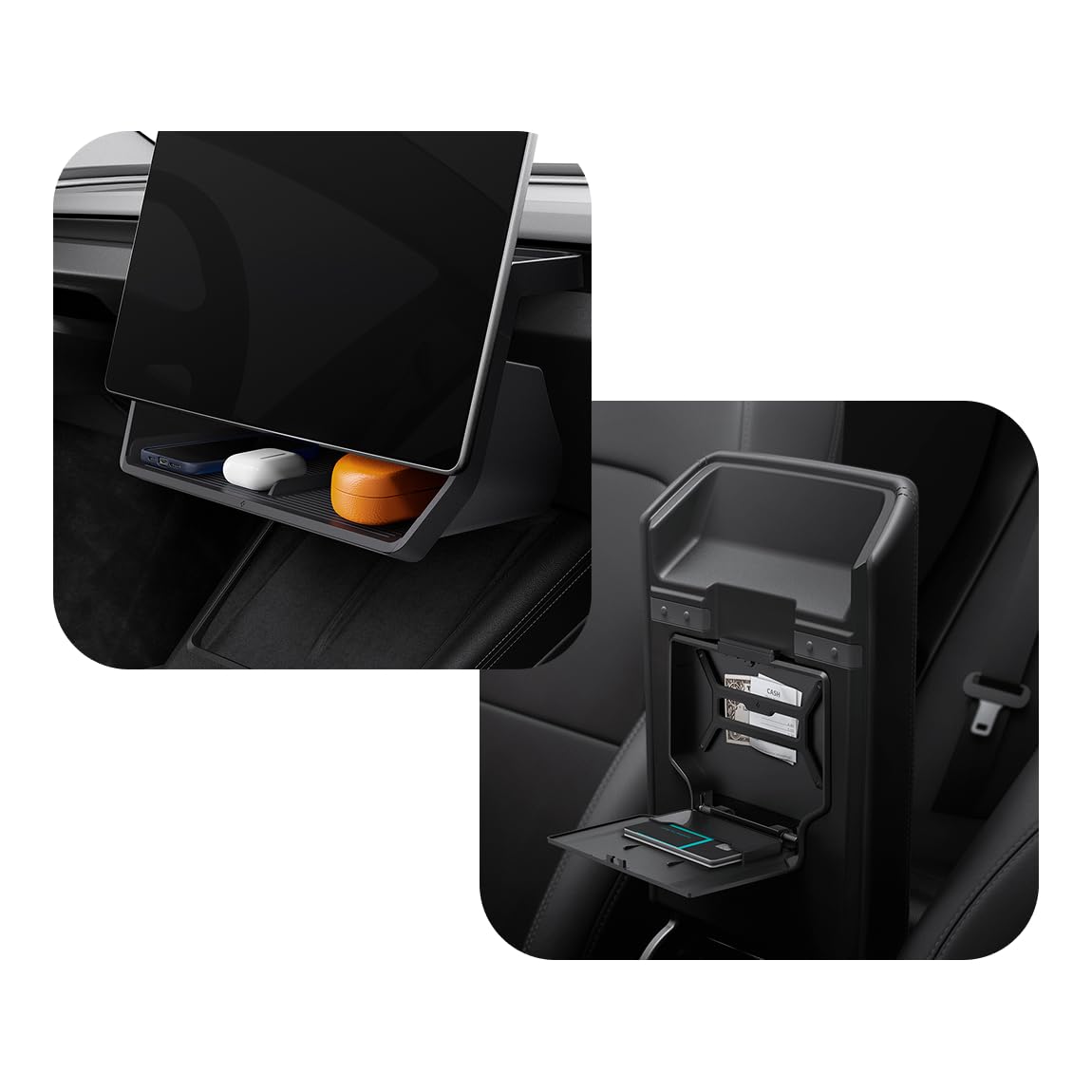 Spigen Tesla-Bundle – Organizer-Ablage unter dem Bildschirm & Geheimfach für die Mittelkonsole für Tesla Model Y Juniper 2025–2026 und Model 3 Highland 2024–2026