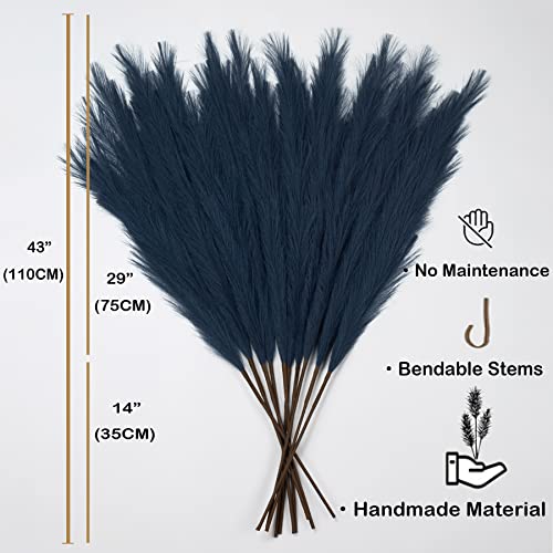 Faux Pampas Grass 6 Stems, Artificial Pampas Grass - 43 Inch Total Extra Large Pompass Grass Tall Pompous Boho Flower Arrangement And Floor Vase Filler Home Decor For Room Wedding Party (Blue) #TOP2
