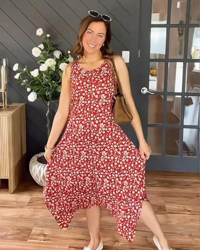 Image of AUSELILY Women's Summer Dresses Casual Sleeveless Midi Tank Beach Dress | Women's Asymmetrical Hem Sundress with Side Pockets, Great for Beach, Vacation & Daily Wear