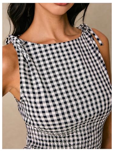 Floerns Women's Tie Shoulder A Line Gingham Dress Boat Neck Mini Summer Dresses4