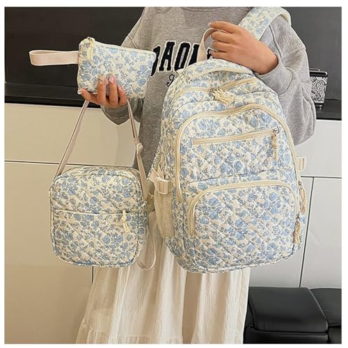 Coquette Backpack Set 3 Pcs Blue Floral Quilted Daypack with Crossbody Bag and Storage Bag for Women (Blue)2