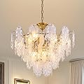 7PM Modern Gold Glass Chandelier, 5-Layer Antique Crystal Chandeliers 12 Light Round Pendant Ceiling Fixture 59" Hanging Adjustable Chain for Foyer, Living Room, Bedroom, Dining Room 27.5 inch