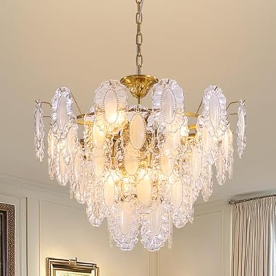 7PM Modern Gold Glass Chandelier, 5-Layer Antique Crystal Chandeliers 12 Light Round Pendant Ceiling Fixture 59" Hanging Adjustable Chain for Foyer, Living Room, Bedroom, Dining Room 27.5 inch