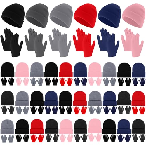 Image of Xtinmee 60 Pcs Kids Beanie and Gloves Winter Set Knit Hat and Gloves Bulk for Boys Girls Children Cold Weather Homeless Shelters Supplies, Multicolor