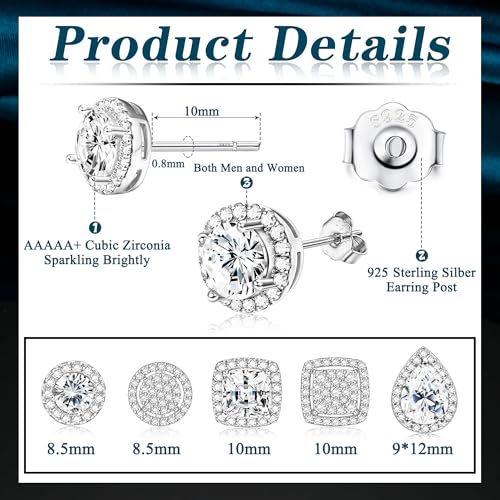 LOYALLOOK Cubic Zirconia Stud Earrings for Women Men Simulated Diamond CZ Halo Stud Earrings Round Square Iced Out Earrings 18K Gold Plated Hypoallergenic 925 Sterling Silver Post Earrings Set3