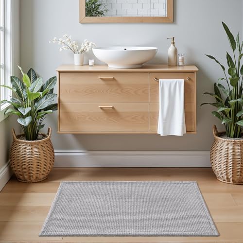 Tapis de bain lavable 60x110 cm grand format gris clair en chenille - 4